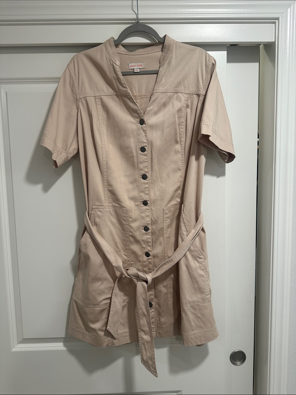 Knox Rose Beige Button-Front Utility Mini Dress